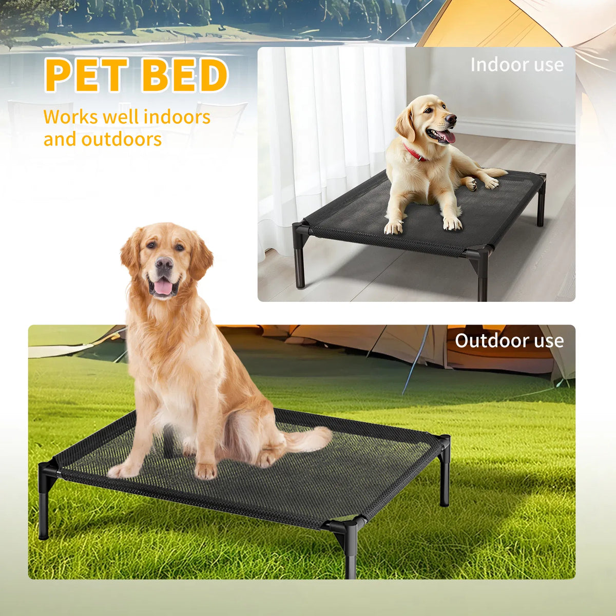 Elevated Breathable Mesh Pet Bed, Indoor‑Outdoor Raised Dog Cot, Cooling Waterproof Bed for Small to XL Dogs & Cats