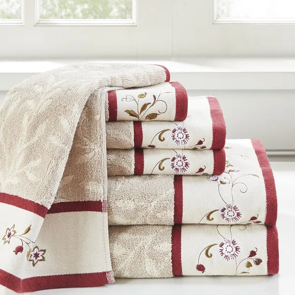 Embroidered Cotton Jacquard 6-Piece Towel Set, Soft Absorbent Bathroom Towels for Home Hotel Decor