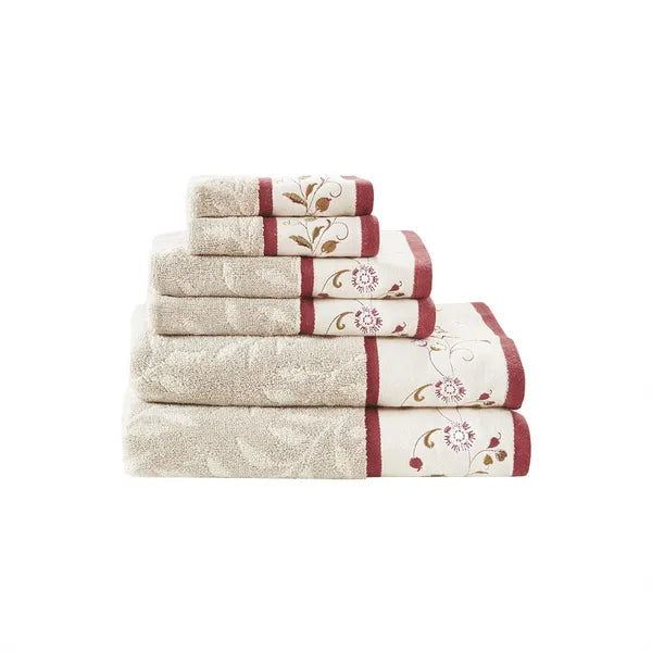 Embroidered Cotton Jacquard 6-Piece Towel Set, Soft Absorbent Bathroom Towels for Home Hotel Decor