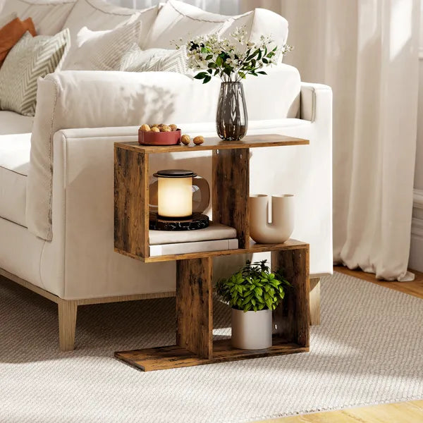 Aeelleea Narrow Side Table, 3-Tier S-Shaped End Table with Storage, 19.7 x 7.7 x 22.8 in, Slim Nightstand for Small Spaces, Rustic Brown