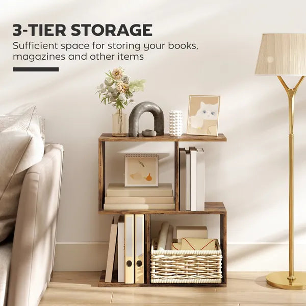 Aeelleea Narrow Side Table, 3-Tier S-Shaped End Table with Storage, 19.7 x 7.7 x 22.8 in, Slim Nightstand for Small Spaces, Rustic Brown