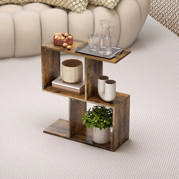 Aeelleea Narrow Side Table, 3-Tier S-Shaped End Table with Storage, 19.7 x 7.7 x 22.8 in, Slim Nightstand for Small Spaces, Rustic Brown