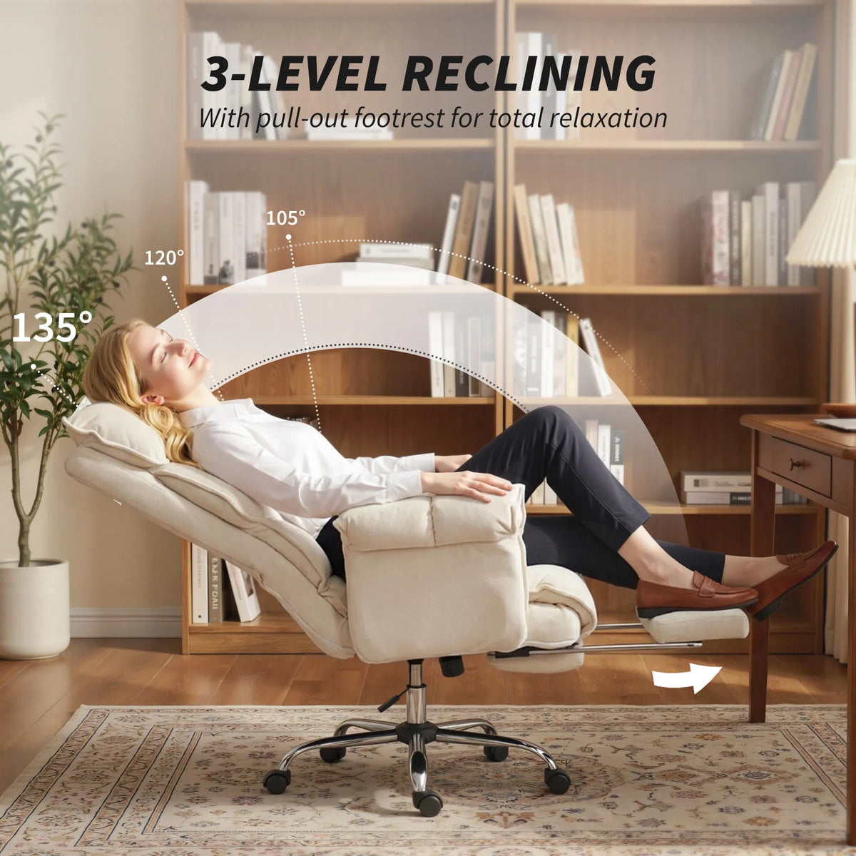 High Back Reclining Office Chair with Footrest, Cream White Polyester Flannel Desk Chair, Adjustable Height, 360° Swivel, 264 lbs Capacity