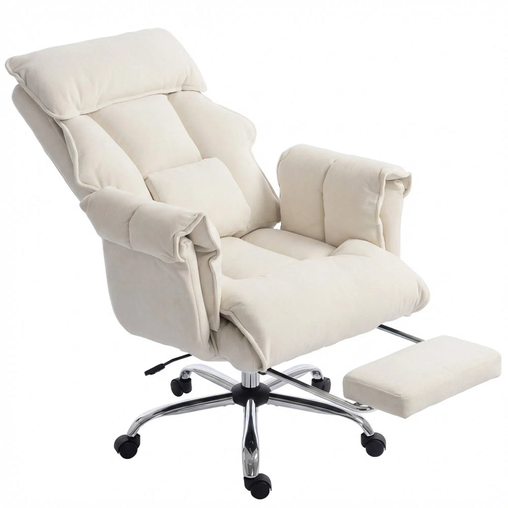 High Back Reclining Office Chair with Footrest, Cream White Polyester Flannel Desk Chair, Adjustable Height, 360° Swivel, 264 lbs Capacity