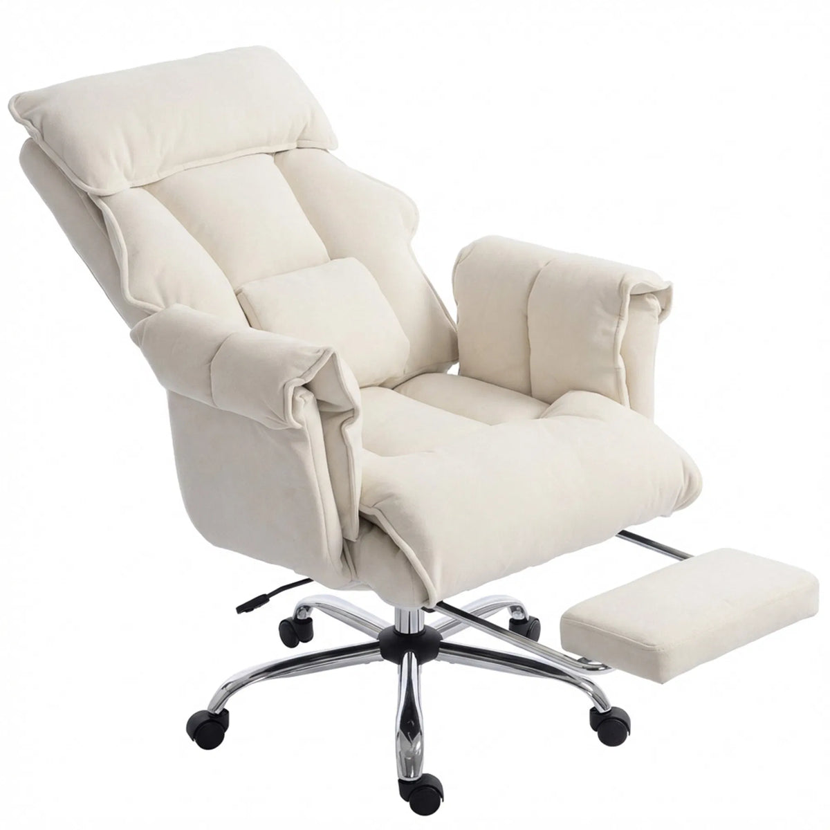 High Back Reclining Office Chair with Footrest, Cream White Polyester Flannel Desk Chair, Adjustable Height, 360° Swivel, 264 lbs Capacity