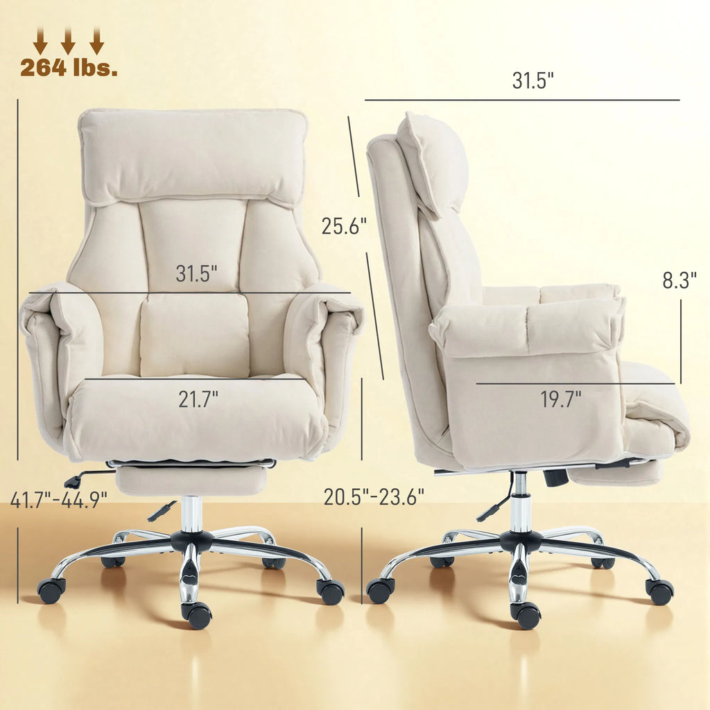 High Back Reclining Office Chair with Footrest, Cream White Polyester Flannel Desk Chair, Adjustable Height, 360° Swivel, 264 lbs Capacity