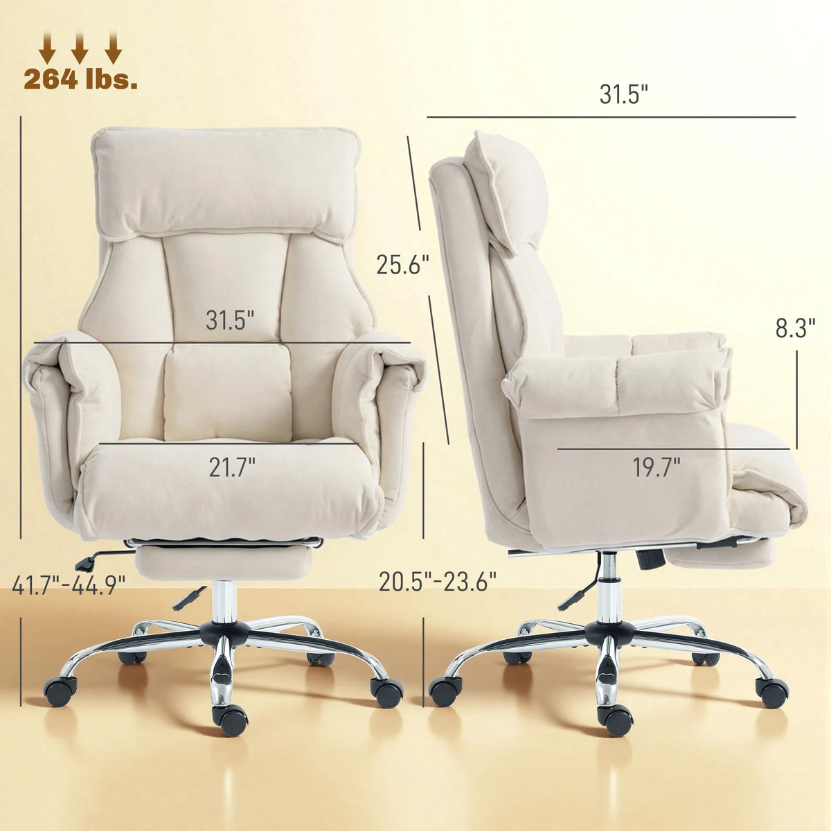 High Back Reclining Office Chair with Footrest, Cream White Polyester Flannel Desk Chair, Adjustable Height, 360° Swivel, 264 lbs Capacity