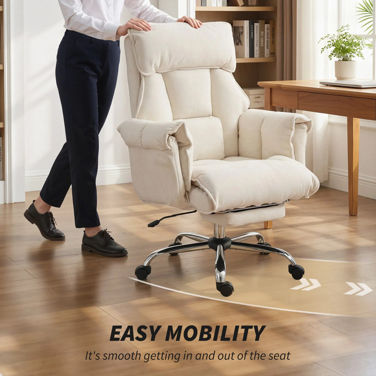 High Back Reclining Office Chair with Footrest, Cream White Polyester Flannel Desk Chair, Adjustable Height, 360° Swivel, 264 lbs Capacity