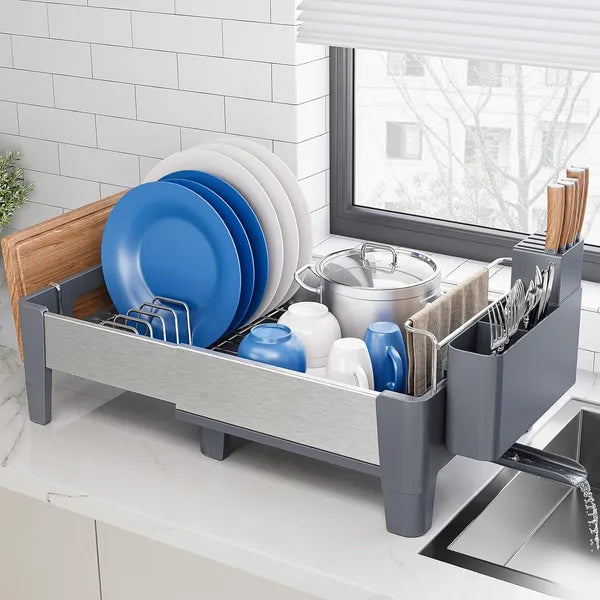 Aeelleea Expandable Dish Drying Rack, Stainless Steel & Aluminum Frame Dish Drainer with Movable Utensil Holder, Gray Kitchen Counter Storage Rack