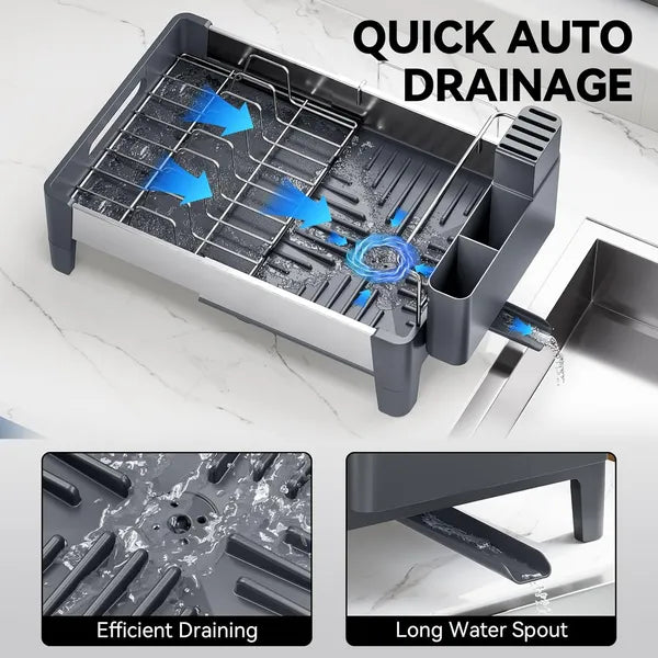 Aeelleea Expandable Dish Drying Rack, Stainless Steel & Aluminum Frame Dish Drainer with Movable Utensil Holder, Gray Kitchen Counter Storage Rack