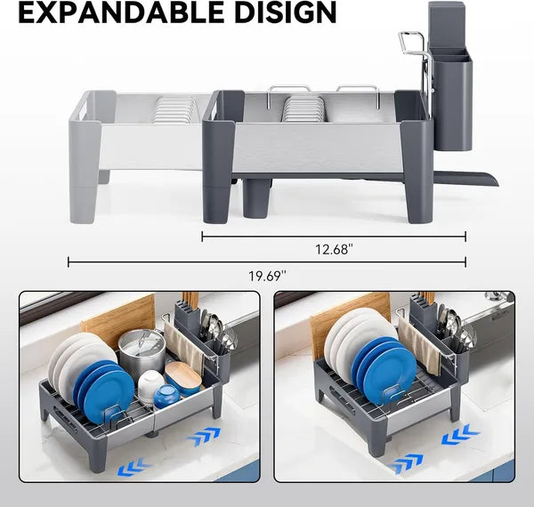 Aeelleea Expandable Dish Drying Rack, Stainless Steel & Aluminum Frame Dish Drainer with Movable Utensil Holder, Gray Kitchen Counter Storage Rack