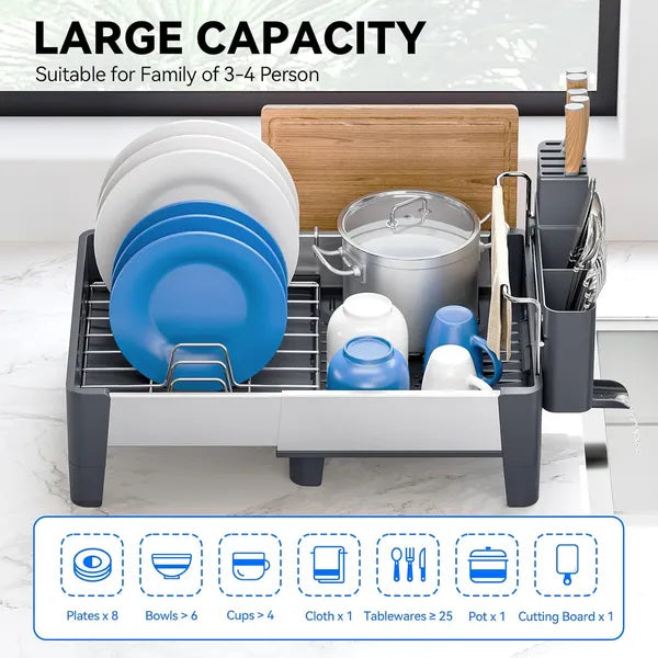 Aeelleea Expandable Dish Drying Rack, Stainless Steel & Aluminum Frame Dish Drainer with Movable Utensil Holder, Gray Kitchen Counter Storage Rack