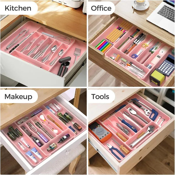 Aeelleea Expandable Utensil Drawer Organizer, BPA Free Food Grade Large Cutlery Tray, Pink Adjustable Kitchen Flatware Holder for Spoons Forks Knives