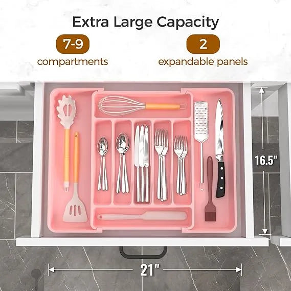 Aeelleea Expandable Utensil Drawer Organizer, BPA Free Food Grade Large Cutlery Tray, Pink Adjustable Kitchen Flatware Holder for Spoons Forks Knives