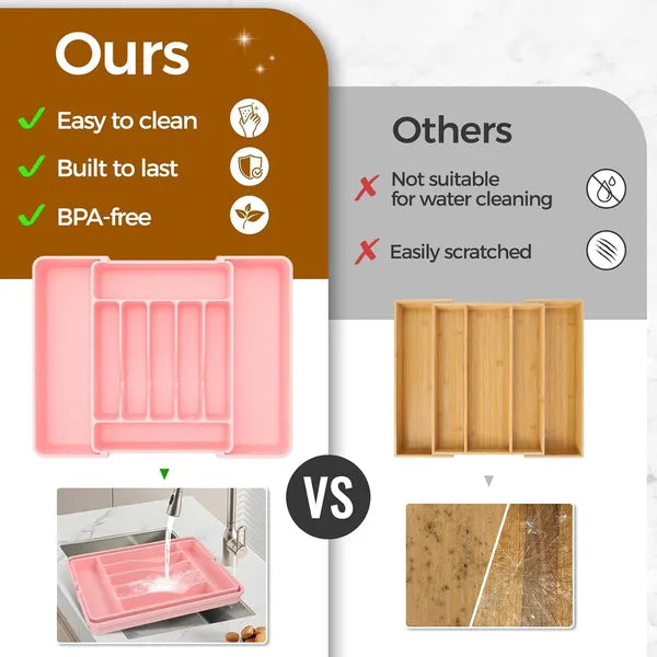 Aeelleea Expandable Utensil Drawer Organizer, BPA Free Food Grade Large Cutlery Tray, Pink Adjustable Kitchen Flatware Holder for Spoons Forks Knives