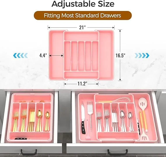 Aeelleea Expandable Utensil Drawer Organizer, BPA Free Food Grade Large Cutlery Tray, Pink Adjustable Kitchen Flatware Holder for Spoons Forks Knives