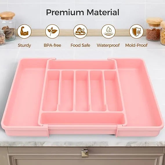 Aeelleea Expandable Silverware Drawer Organizer, BPA-Free Food Grade Plastic Utensil Tray, 11.2-21 x 16.5 Inch Cutlery Holder, Pink