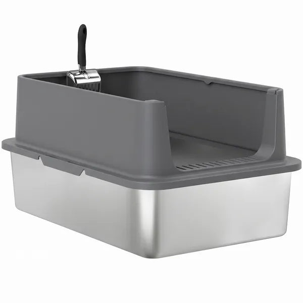 Extra Large Stainless Steel Cat Litter Box with Scoop & Litter Mat, Leak-Proof, Non-Sticky, Easy Clean Kitty Toilet