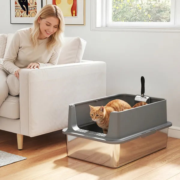 Extra Large Stainless Steel Cat Litter Box with Scoop & Litter Mat, Leak-Proof, Non-Sticky, Easy Clean Kitty Toilet