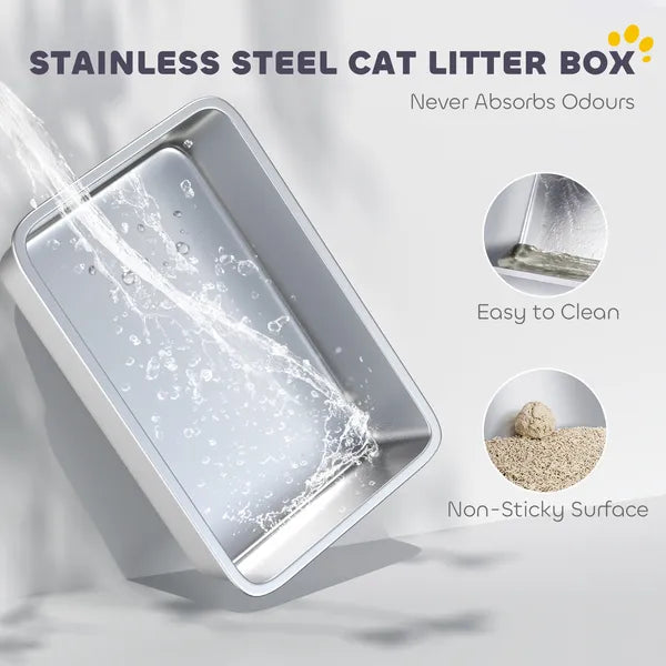 Extra Large Stainless Steel Cat Litter Box with Scoop & Litter Mat, Leak-Proof, Non-Sticky, Easy Clean Kitty Toilet