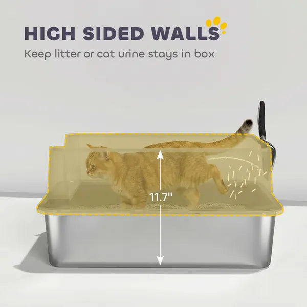 Extra Large Stainless Steel Cat Litter Box with Scoop & Litter Mat, Leak-Proof, Non-Sticky, Easy Clean Kitty Toilet