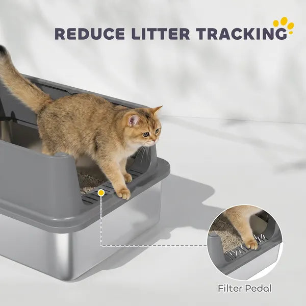 Extra Large Stainless Steel Cat Litter Box with Scoop & Litter Mat, Leak-Proof, Non-Sticky, Easy Clean Kitty Toilet