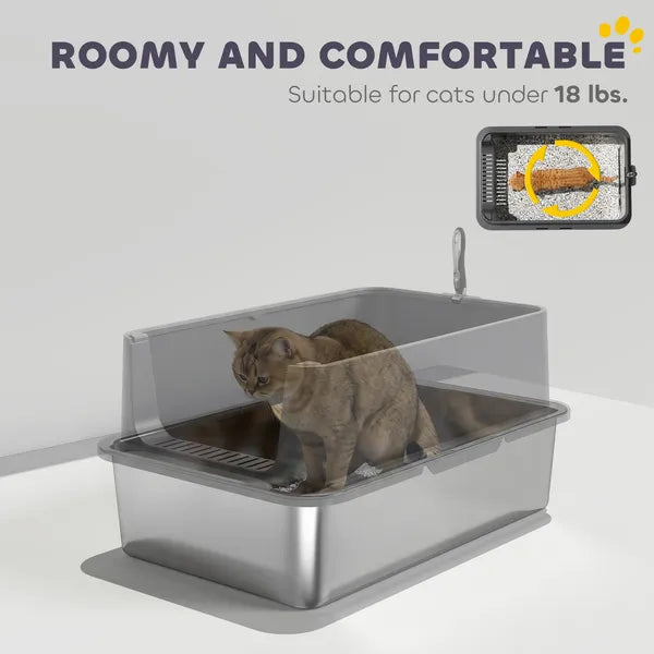 Extra Large Stainless Steel Cat Litter Box with Scoop & Litter Mat, Leak-Proof, Non-Sticky, Easy Clean Kitty Toilet