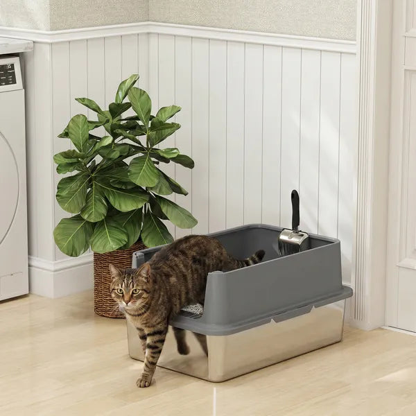 Extra Large Stainless Steel Cat Litter Box with Scoop & Litter Mat, Leak-Proof, Non-Sticky, Easy Clean Kitty Toilet