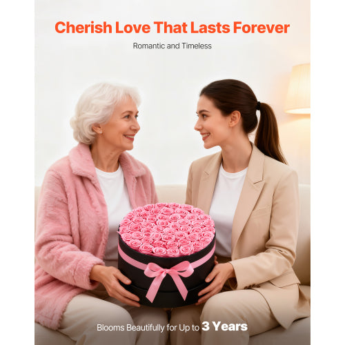 AEELLEEA 50 Real Preserved Pink Roses Round Gift Box, Forever Flowers with Ribbon for Valentine’s Day, Mother’s Day, Birthday Gift
