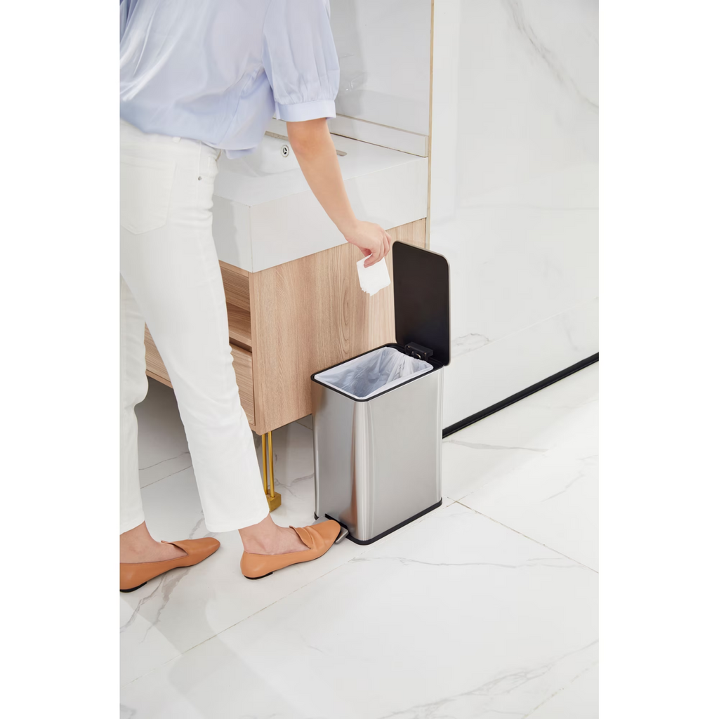 AEELLEEA-Bathroom Trash Can, 2.6 Gallon Stainless Steel Step Garbage Bin with Soft Close Lid, Silver
