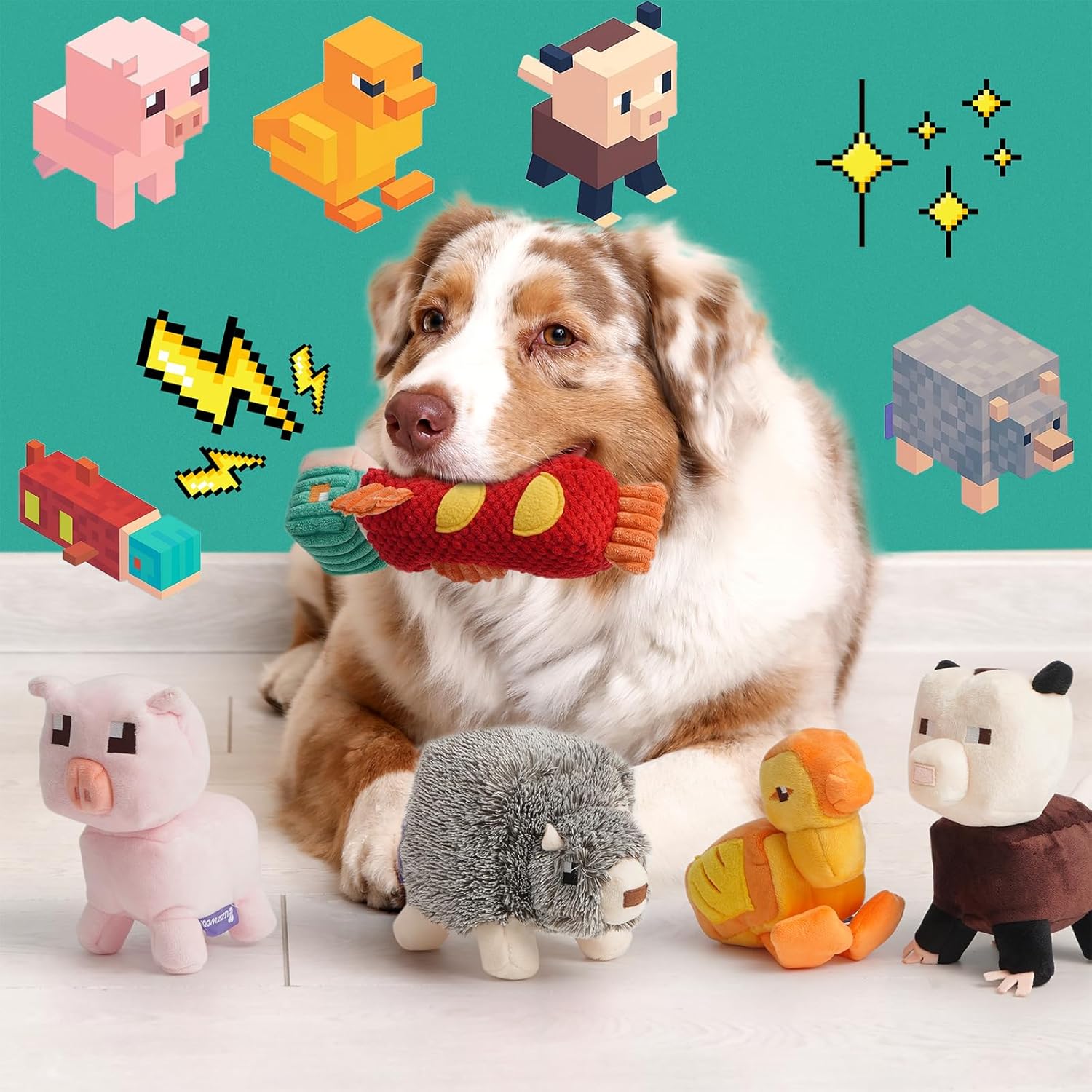 Funny Pixel Style Squeaky Dog Toys, 5 Packs Crinkle Plush Stuffed Dog Chew Toy for Small Medium Large Breeds, Unique Puppy Teething Pet Supplies