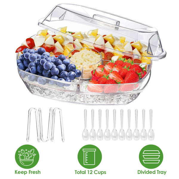 Chilled Fruit Ice Serving Tray Set, Divided Appetizer Platter with Lid, PS Plastic Cold Food Server with Tongs & Sporks for Party Buffet