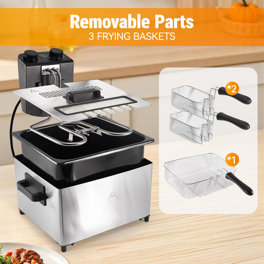 1700W Electric Deep Fryer, 5L Stainless Steel Countertop Deep Fryer with 3 Frying Baskets, Adjustable Temp & View Window Lid, Dishwasher‑Safe for Home Cooking