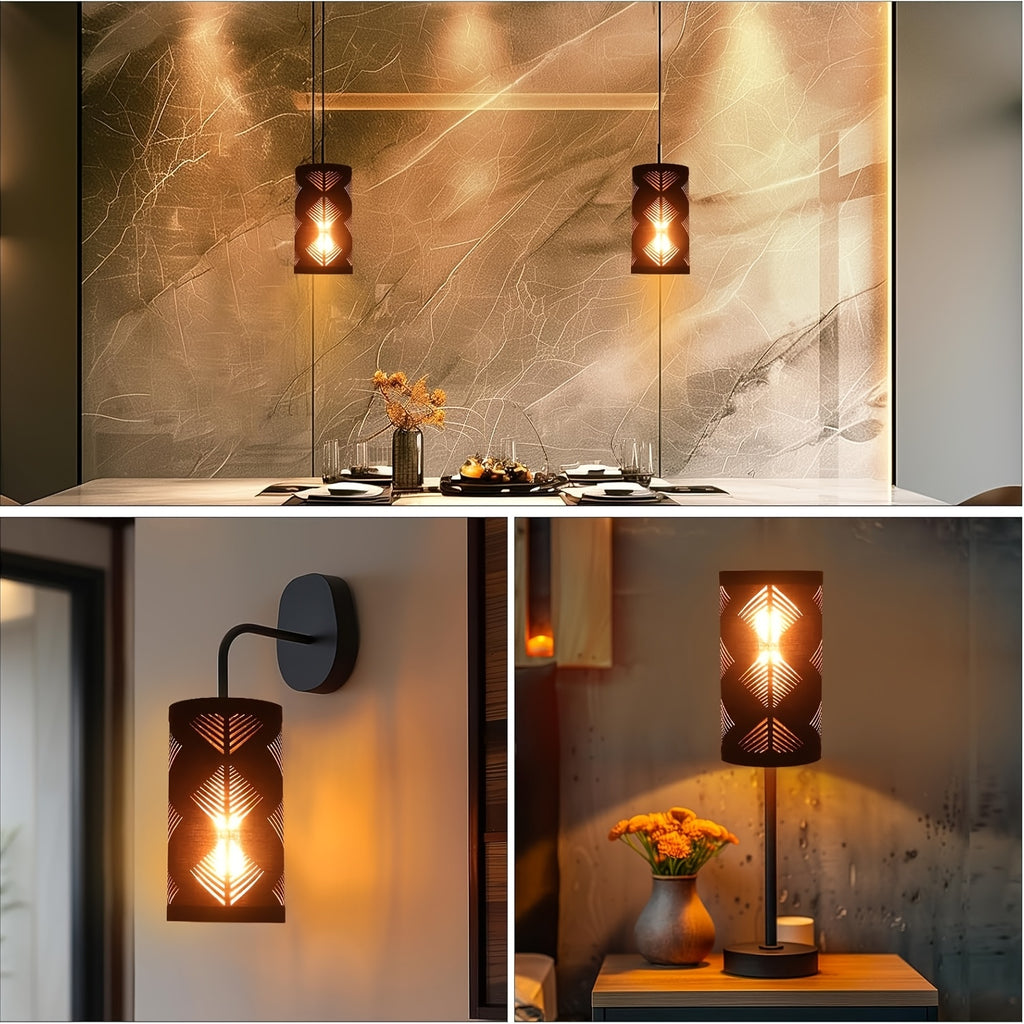 Black Geometric Cutout Cylinder Lamp Shade, Roll-Up Fabric Shade with Gold Lining for Pendant, Sconce & Table Lamps