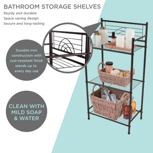 AEELLEEA 17" x 11" x 36" 3-Tier Iron Bathroom Shelf, Freestanding Rust Resistant Storage Rack for Bathroom & Kitchen