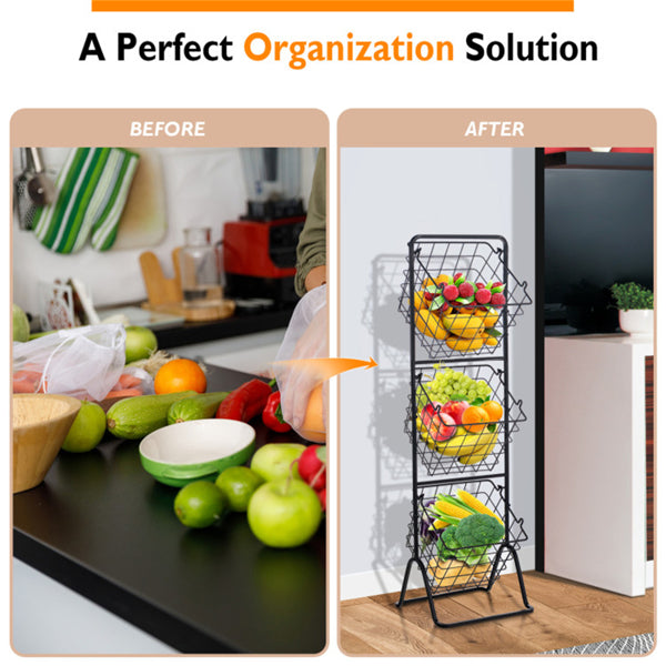 AEELLEEA 3-Tier Wire Basket Storage Rack, Adjustable Freestanding Metal Organizer with Removable Baskets, Black