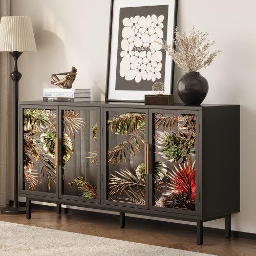 60" Painted Glass Sideboard Cabinet, Black Art Storage with 4 Doors Gold Handles, Tropical Buffet for Living Room Dining Room