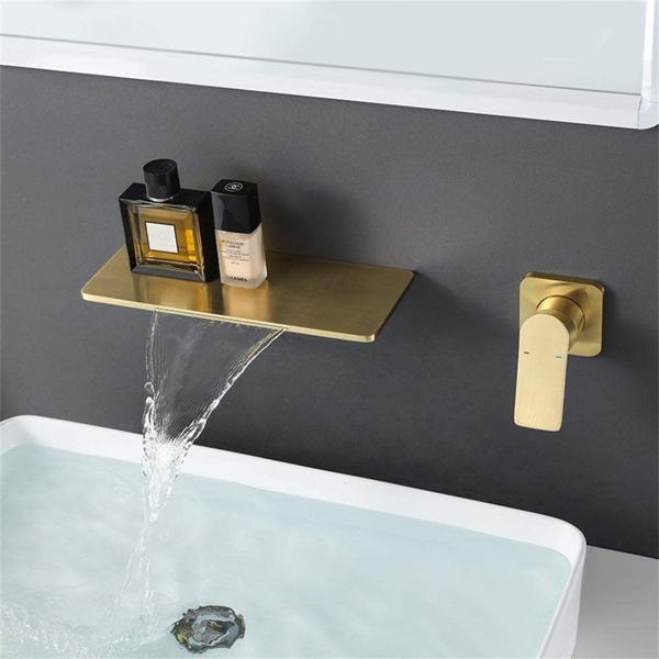 AEELLEEA Wall Mount Waterfall Bathroom Faucet, Modern Single Handle 2-Piece Sink Faucet Set with Wide Spout, Brushed Gold