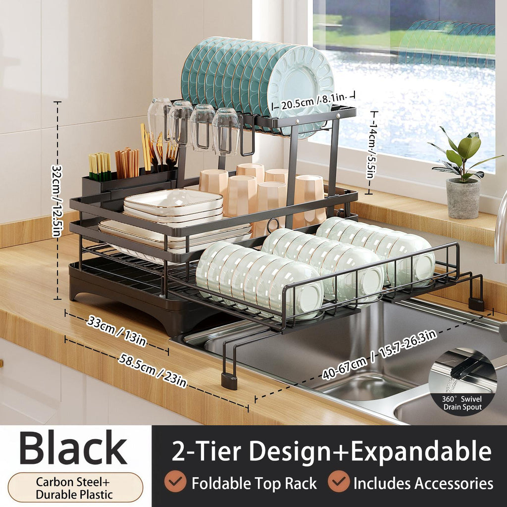 AEELLEEA-Over Sink 2-Tier Pull-Out Foldable Dish Drying Rack with Utensil Holder