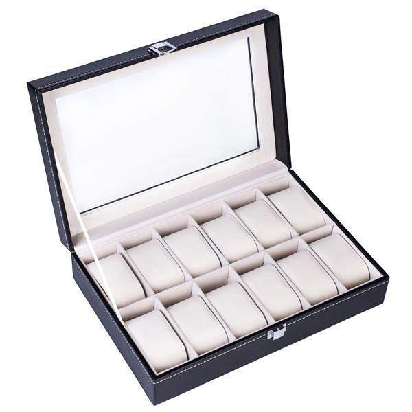 12 Slot Watch Box with Glass Lid, PU Leather Watch Organizer Case with Cushion Pillows and Metal Clasp, Large Capacity Gift for Men Watch Display Storage