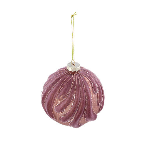 AEELLEEA 3.9" Dusty Pink Flocked Wave Glass Christmas Ornaments Set of 6, Glitter Hanging Baubles for Xmas Tree Holiday Home Decor