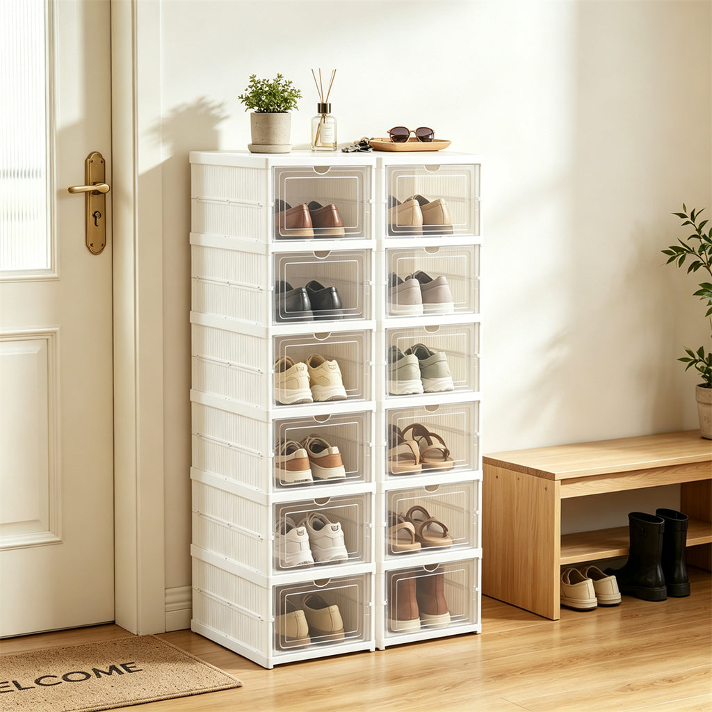 AEELLEEA 6-Tier Folding Shoe Storage Box, Magnetic Clear Door Shoe Organizer, Ventilated PP Shoe Cabinet for Entryway