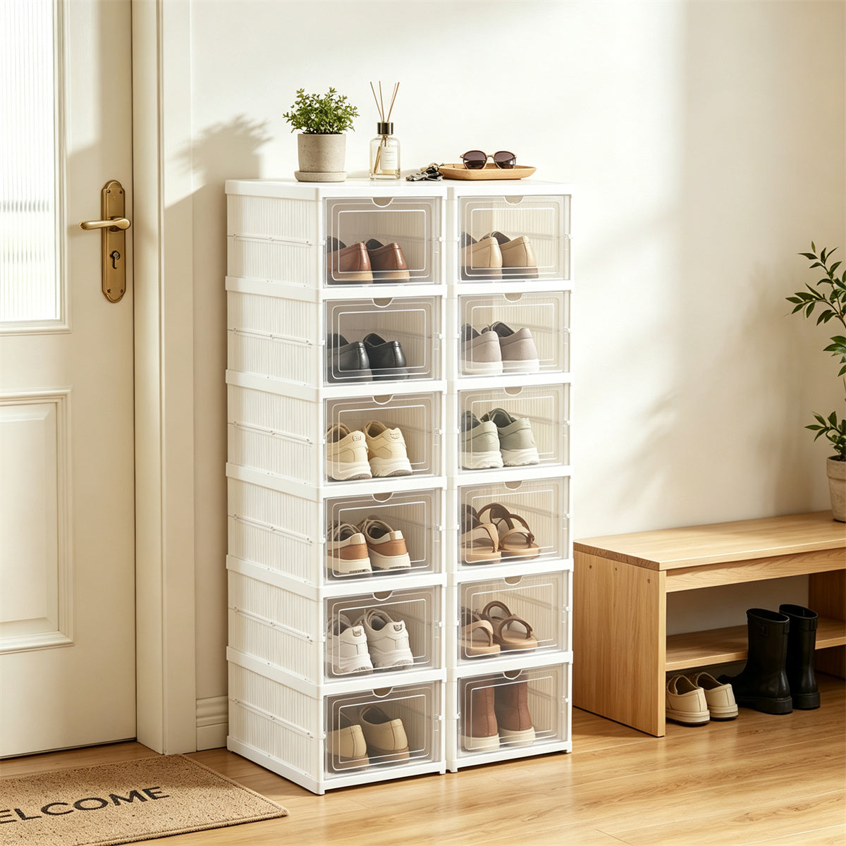 AEELLEEA 6-Tier Folding Shoe Storage Box, Magnetic Clear Door Shoe Organizer, Ventilated PP Shoe Cabinet for Entryway