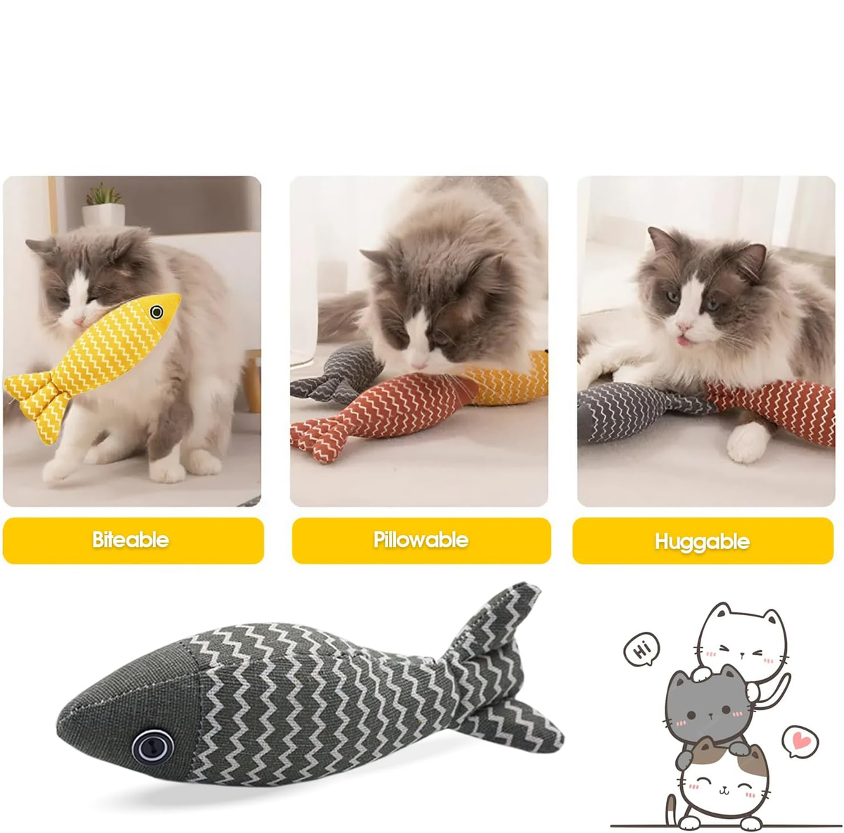 Cat Catnip Fish Toy, Durable Linen Plush Chew Toy with Natural Catnip for Indoor Cats Kitten Bite Hug Play