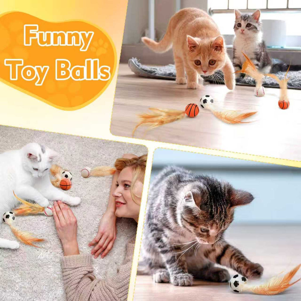 3 Pack Interactive Cat Ball Toys: Bouncy Elastic Balls with Natural Feathers for Indoor Cats & Kittens