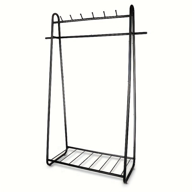Heavy Duty Black Garment Rack with 6 Hooks & Shoe Shelf, 16"D x 41"W x 66"H, Freestanding Rolling Clothes Organizer for Bedroom & Living Room
