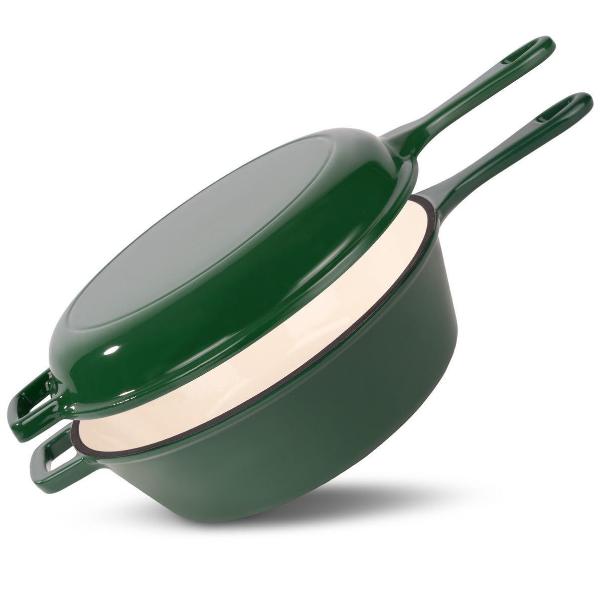 2-in-1 Enameled Cast Iron Combo Cooker, Dutch Oven with Skillet Lid, Multi-use Braising Pot for Stovetop & Oven, Green / Orange Available