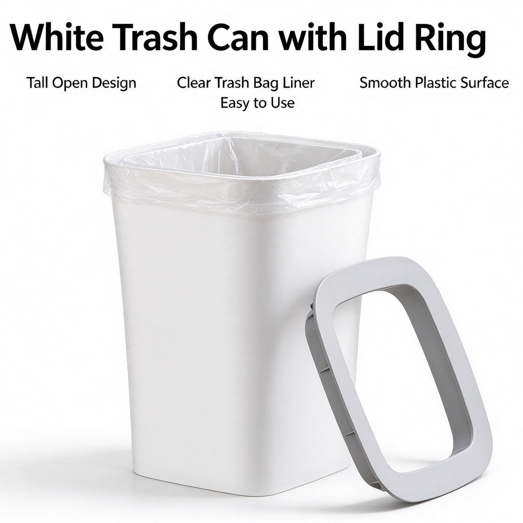 White Open-Top Rectangular Plastic Trash Can, Slim Space-Saving Waste Bin with Garbage Bag Fixing Rim, Modern Waste Container for Kitchen, Bathroom, Bedroom & Office
