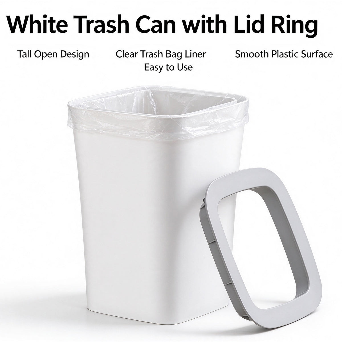 White Open-Top Rectangular Plastic Trash Can, Slim Space-Saving Waste Bin with Garbage Bag Fixing Rim, Modern Waste Container for Kitchen, Bathroom, Bedroom & Office