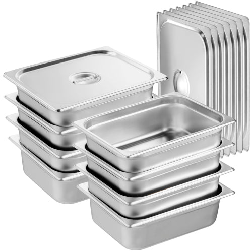 8 Pack 1/2 Size Steam Table Pan with Lid, 4 Inch Deep Stainless Steel Hotel Pan, 6.6 QT Anti-Jam Restaurant Pan